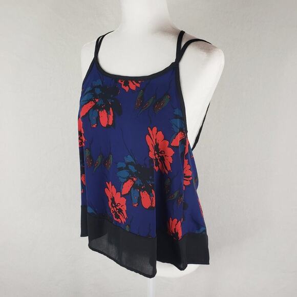 Runway Story Cami Low Back Top Women S Flowy Thin Straps Blue Red Black Floral - Picture 1 of 8